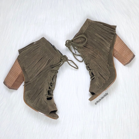 Gianni Bini Shoes - Gianni Bini olive green fringe peep toe booties